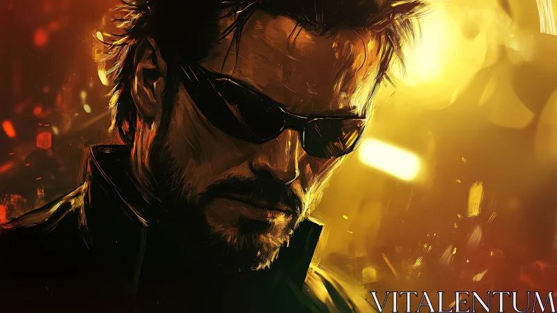 Brooding cyberpunk antihero in blazing golden light.