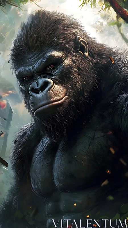 Majestic silverback gorilla portrait in misty jungle light.