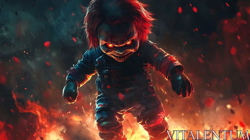 Sinister doll figure standing in flames with glowing eyes.