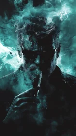 Silhouetted male figure holds device amid teal smoke