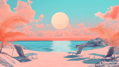Pastel tropical beach with loungers under large sun disk.