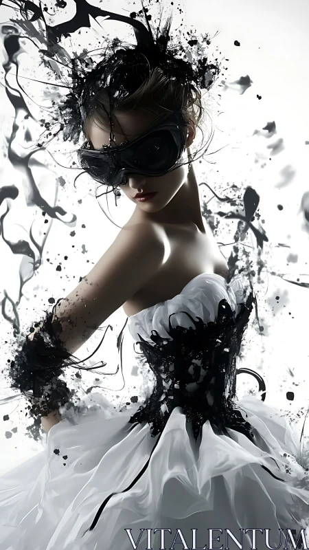 Midnight masquerade dancer swirls in inky splashes of style