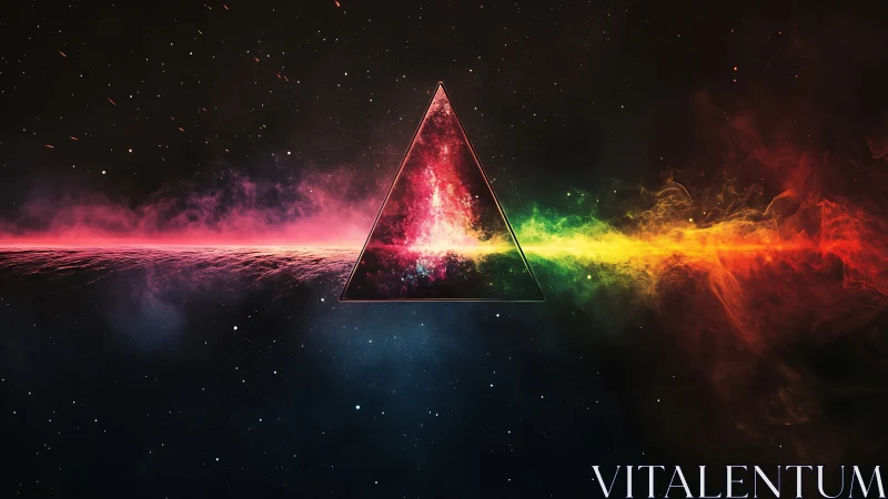 Cosmic prism triangle slicing a neon rainbow horizon apart.