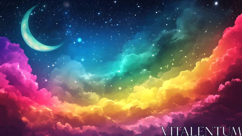 Crescent moon above vivid rainbow colored night clouds.