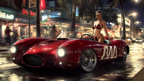 Highly polished red roadster with pinup driver in neon nightscape