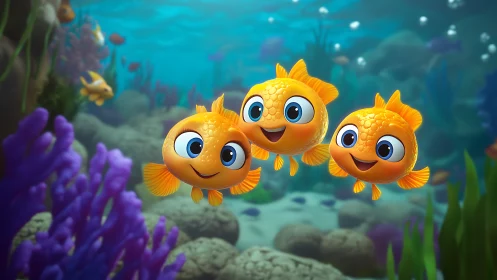 Bubble-bright goldfish trio gleam in a playful coral world.
