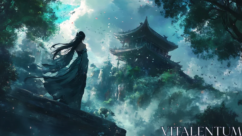 Mystic cliff temple with lone robed figure in stormlight.