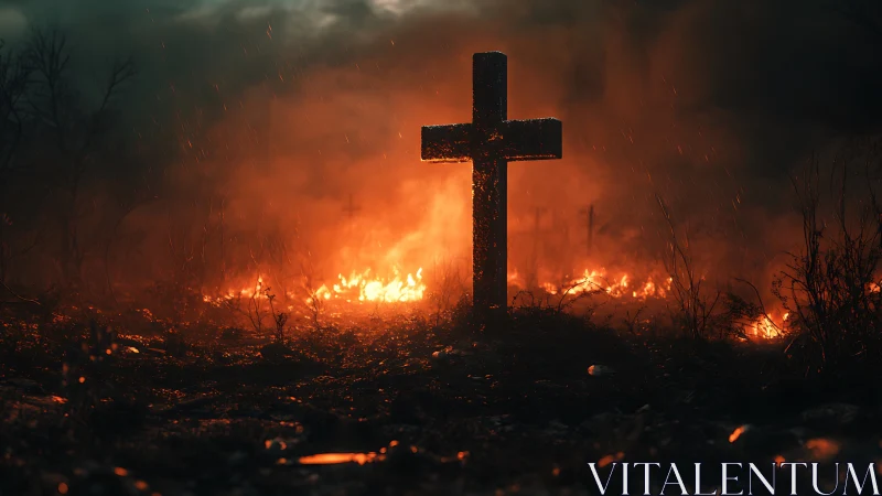 Burning Cross in Scorched Earth Landscape.
