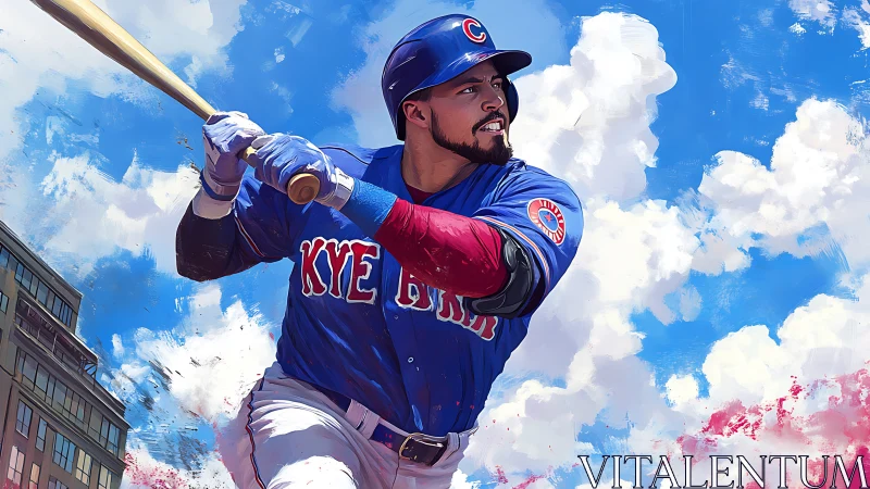 Skybound slugger arcs a heroic swing through painted clouds.