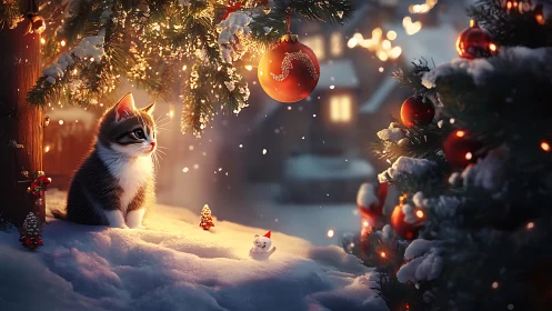Festive kitten watching glowing bauble in snowy courtyard.