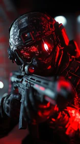Armored tactical soldier aims rifle under red neon light.