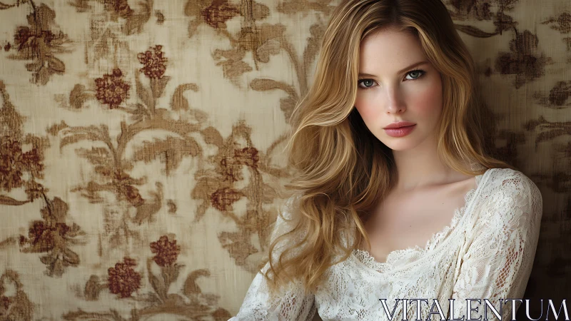 Softly lit portrait of a blonde woman in vintage lace.