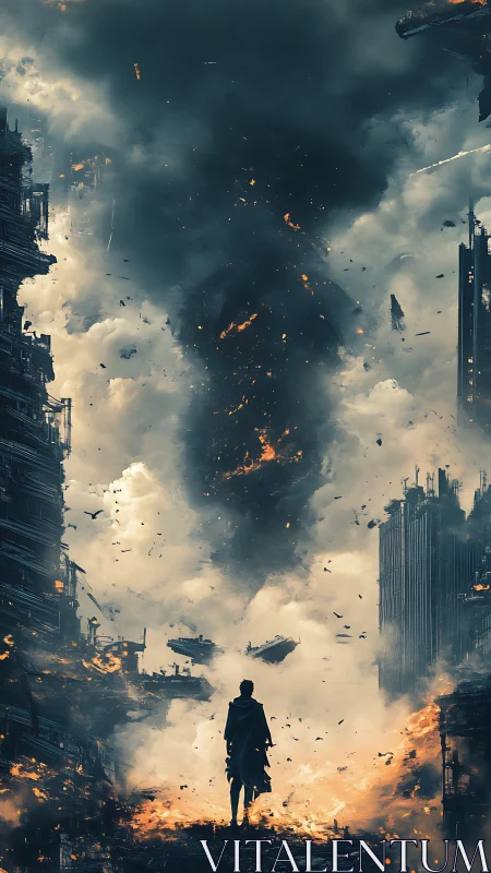 Lone wanderer steps through a storm of fire and ash.