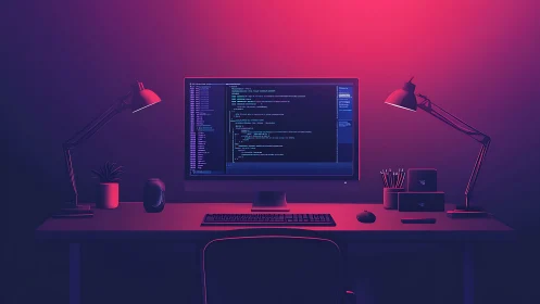 Neon-lit programming workstation under magenta blue gradient glow.