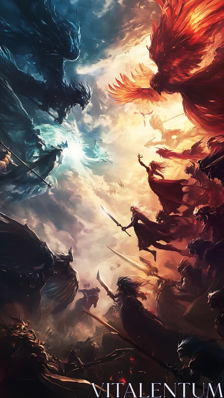Clashing angelic armies divide the sky in fiery battle.