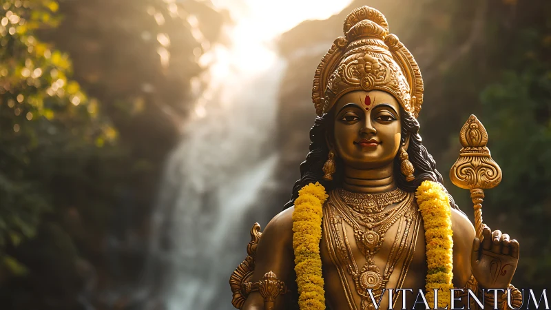 Golden Hindu deity statue before waterfall in forest setting.