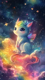 Rainbow-winged starlight kitten resting in dreamy nebula.