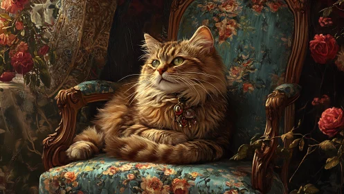 Majestic Long-Haired Cat Reclines on Ornate Victorian Furniture