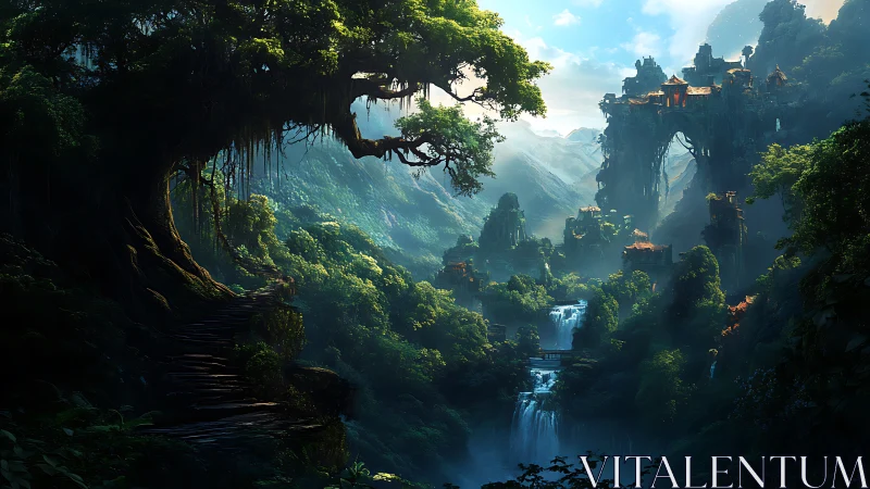 Ancient Kingdom in Misty Mountains with Waterfalls