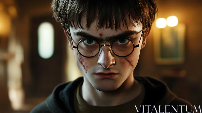 Young wizard with scars stares forward under warm light.