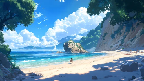 Sunlit cove with turquoise waves and peaceful sandy shore.