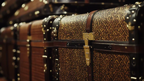Patterned leather travel trunk with brass lock under shallow depth