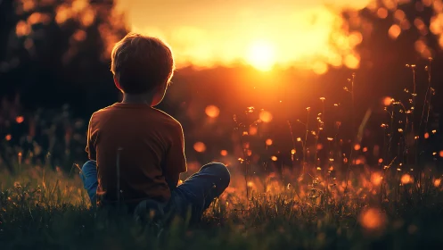 Child seated in grassy field observing sunset horizon.