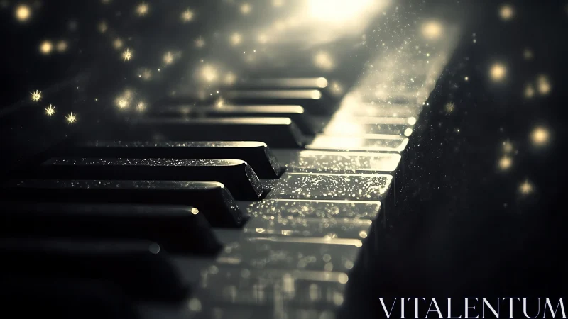 Luminous piano keys with drifting particles in soft bokeh light.