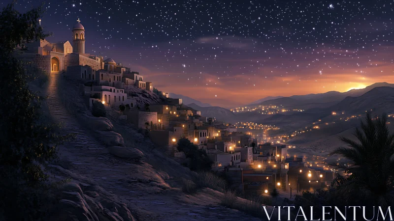 Hilltop desert town glows beneath star-dense twilight sky.