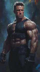 Muscular male figure in tactical attire against dark backdrop.