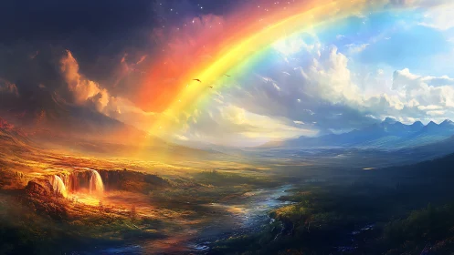 Digital landscape depicts rainbow arc over dual-lit terrain