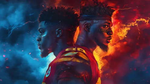 Dual football warrior amid blue and fiery abstract energy.