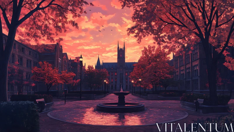Autumn campus courtyard under vivid sunset sky.