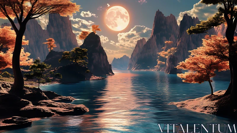 High-resolution 3D lunar lake with autumn trees and jagged peaks