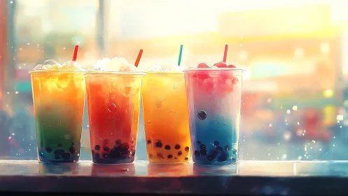 Colorful Bubble Tea Lineup in Golden Light.