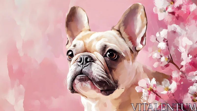 French bulldog gazes softly amid pink cherry blossoms.