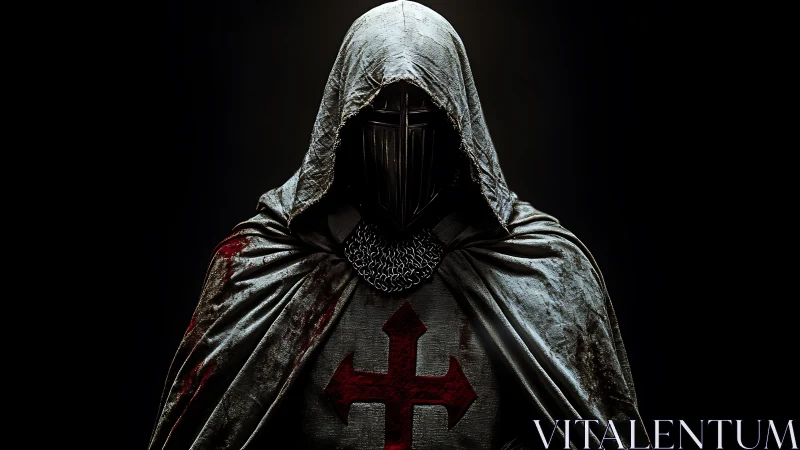 Hooded crusader knight stands in dramatic low key lighting