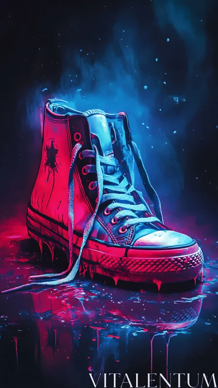 Neon high top sneaker with melting sole and smoke backdrop.