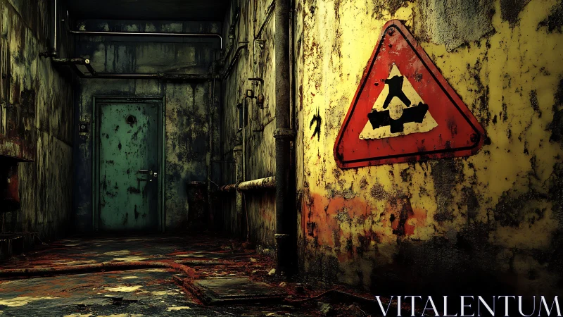 Rusty industrial corridor with hazard sign and steel door.