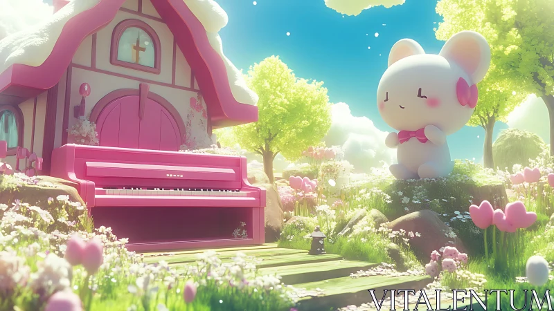 Pastel cottage, upright piano and large rabbit figure outdoors.