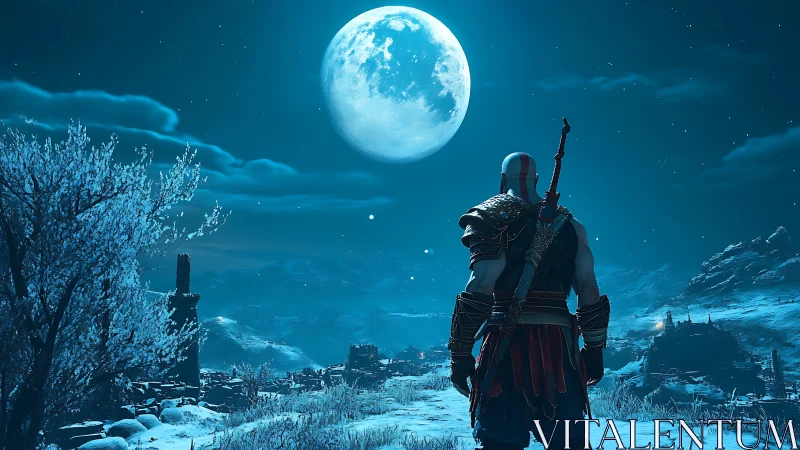Warrior surveys frozen valley beneath luminous winter moon