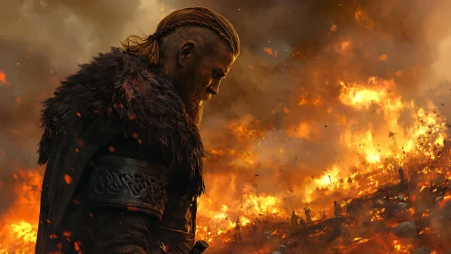 Viking warrior profile amid blazing battlefield inferno.