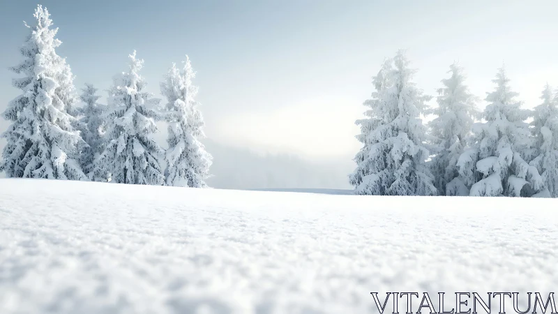 Snow laden conifer forest rises beyond soft winter meadow