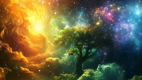 Cosmic tree rises amid swirling nebulae and radiant starlight.