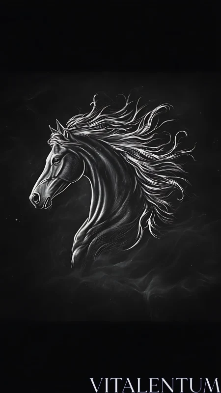 Monochrome stylized horse head on dark abstract background.
