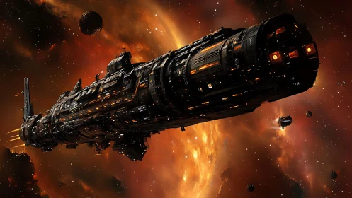 Massive interstellar battleship in dense orange nebula field.