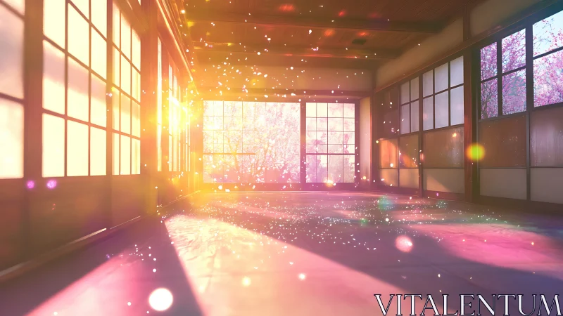 Sunlit tatami hall with volumetric bloom and drifting particles