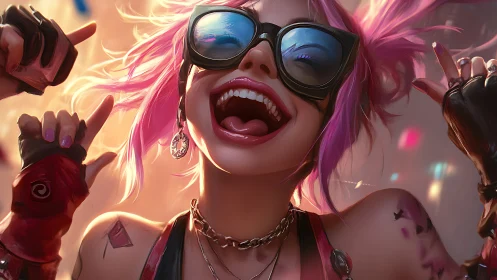 Neon haired party rebel laughs under glowing city lights.