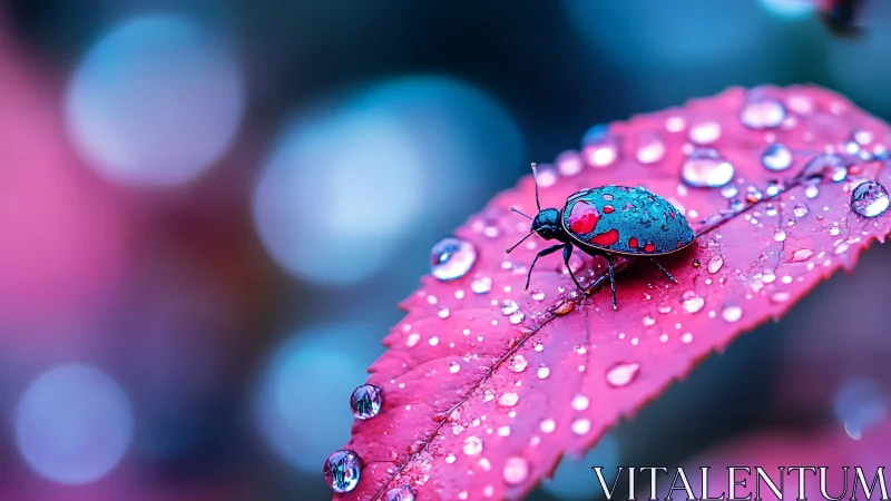 Macro view of insect on wet pink leaf with soft bokeh background.