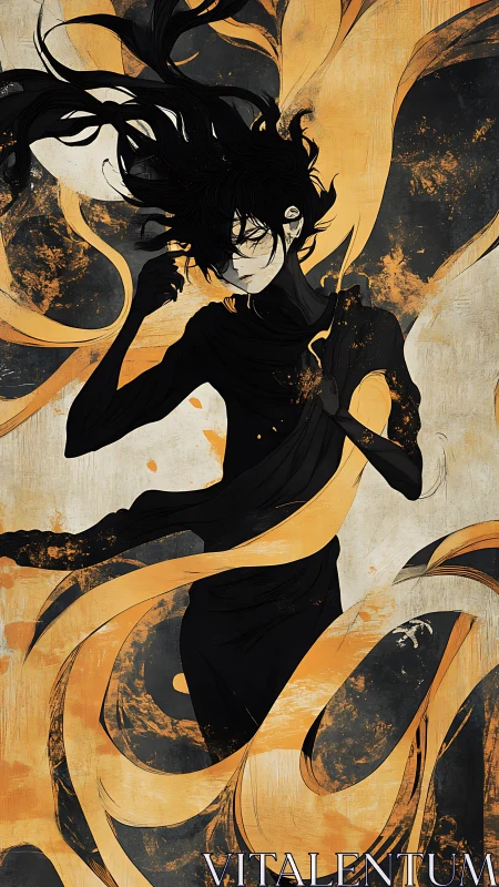 Shadowed figure wrapped in molten gold swirling ribbons.